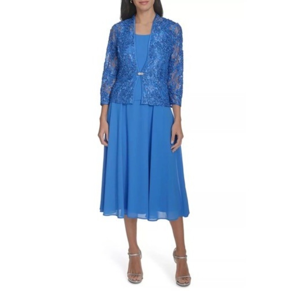 NWOT Jessica Howard Dress Set Women Azure Blue Lace Sequin Jacket 14P $170